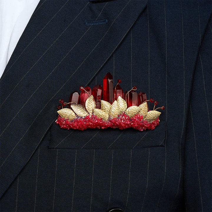 Handcrafted Natural Crystal Crown Pocket Square Brooch - Red & Gold - image 10