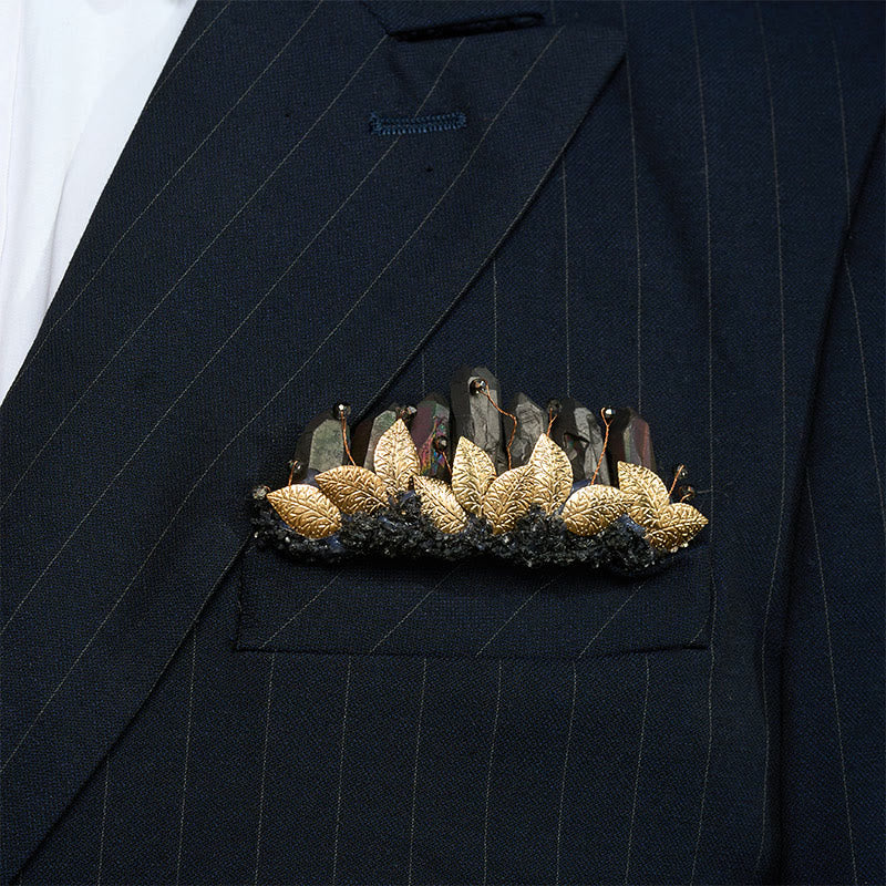 Handcrafted Natural Crystal Crown Pocket Square Brooch - Black & Gold - image 2