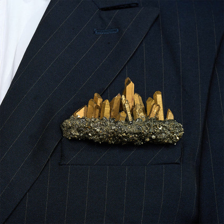 Handcrafted Natural Crystal Crown Pocket Square Brooch - Gold - image 18