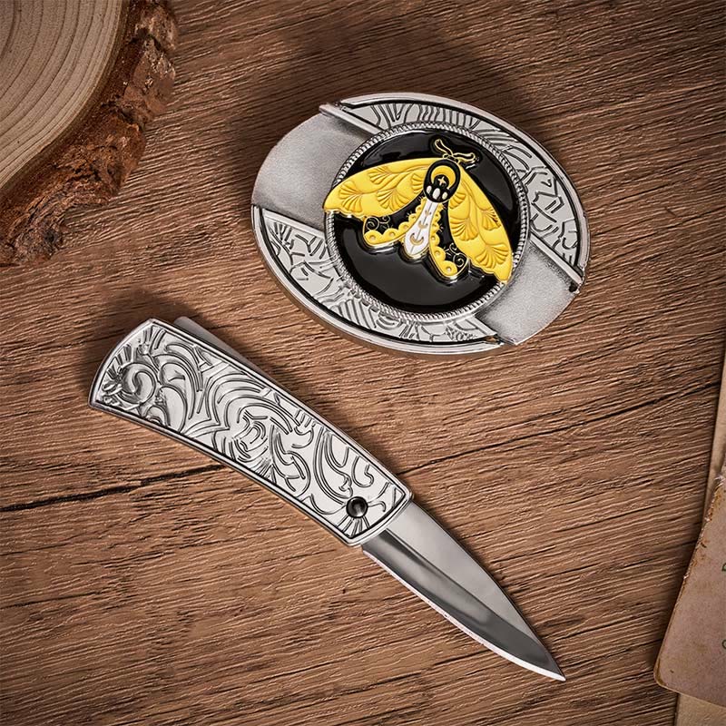 Yellow Moth Enamel DIY Hidden Folding Knife Buckle Leather Belt - image 1