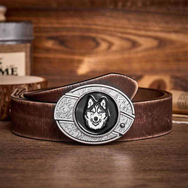 Blue-Eyed Husky DIY Hidden Folding Knife Buckle Leather Belt - Husky - Brown Distressed Belt - 42 - image 5