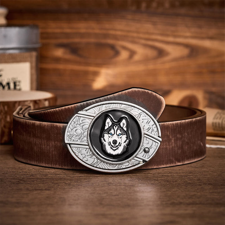 Blue-Eyed Husky DIY Hidden Folding Knife Buckle Leather Belt - Husky - Brown Distressed Belt - 42 - image 5