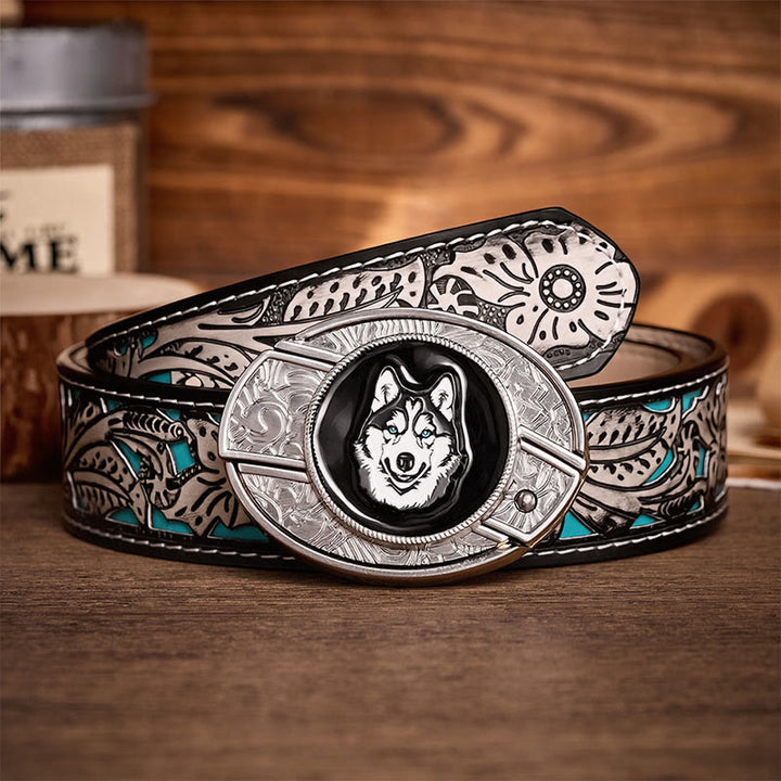 Blue-Eyed Husky DIY Hidden Folding Knife Buckle Leather Belt - Husky - Gray Floral Belt - 42 - image 8