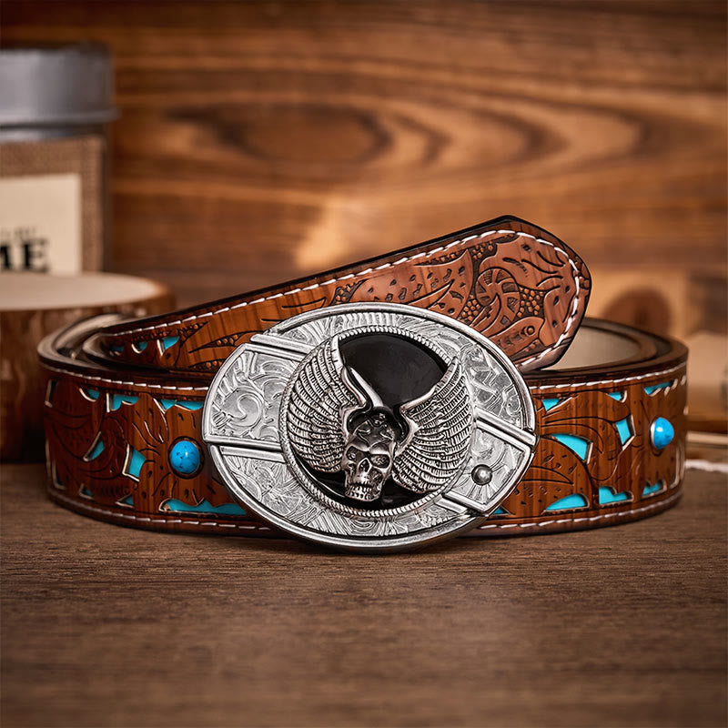 Winged Skull Biker DIY Hidden Folding Knife Buckle Leather Belt - Winged Skull - Turquoise Carved Belt - 42 - image 3