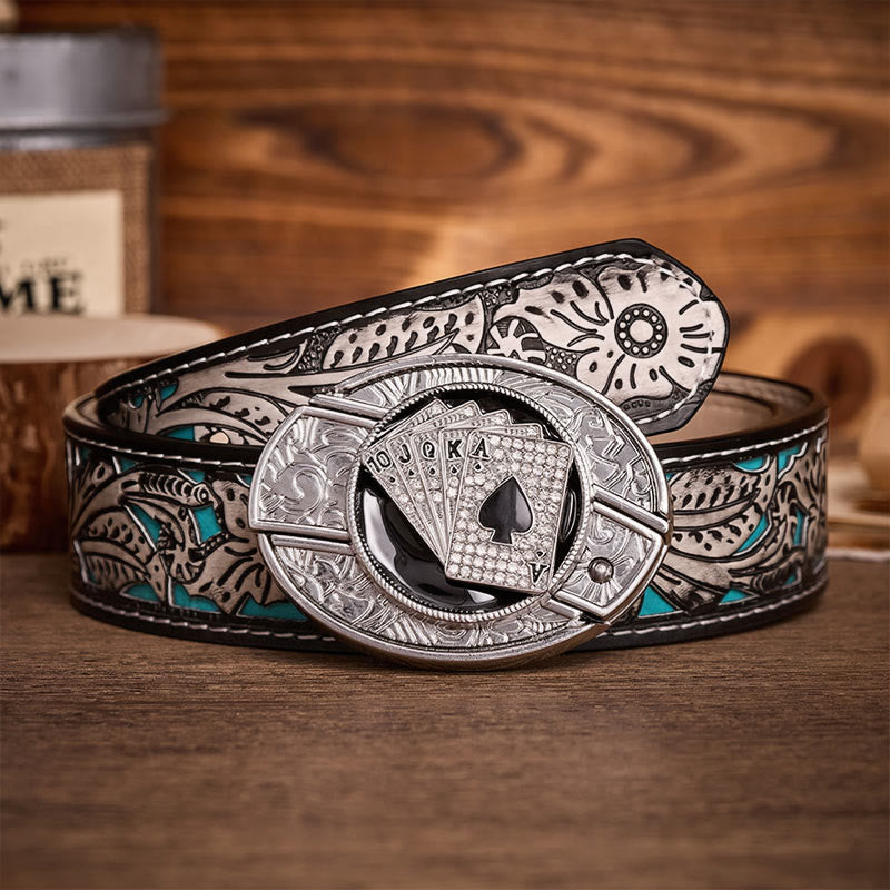 Shiny Royal Flush Spades DIY Hidden Folding Knife Buckle Leather Belt - Royal Flush - Gray Floral Belt - 42 - image 8