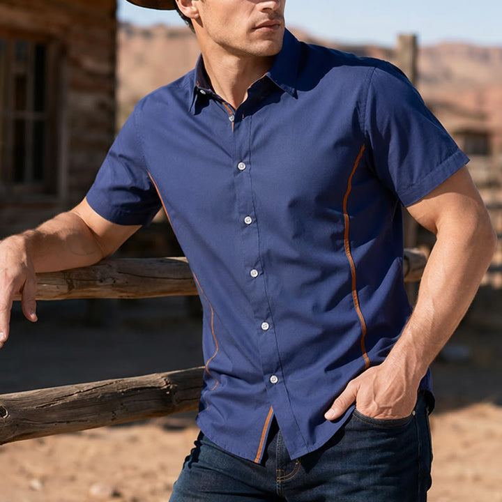Men's Trendy Two-Tone Contrast Trim Cotton Shirt - Navy - 2XL - image 0