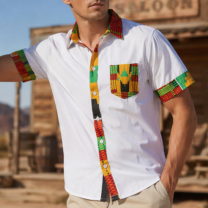 Men's Ethnic Print Patchwork Festival Statement Shirt - White - 4XL - image 5