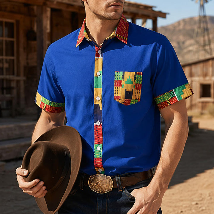 Men's Ethnic Print Patchwork Festival Statement Shirt - Blue - 4XL - image 4