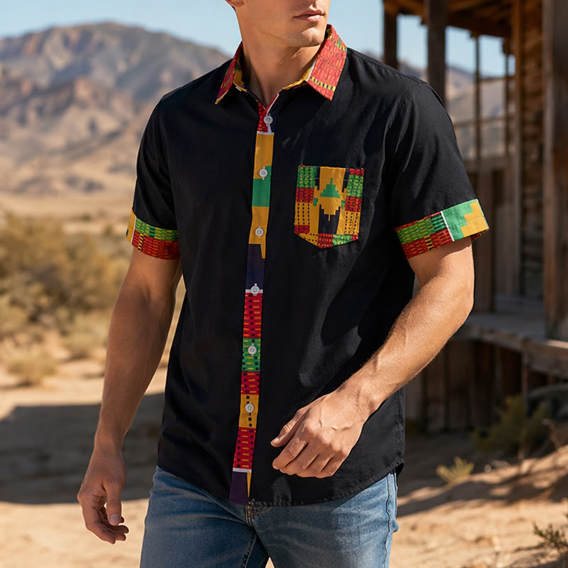 Men's Ethnic Print Patchwork Festival Statement Shirt - Black - 4XL - image 0