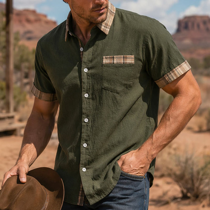 Men's Vintage Style Plaid Patchwork Cotton Shirt - Army Green - 4XL - image 7