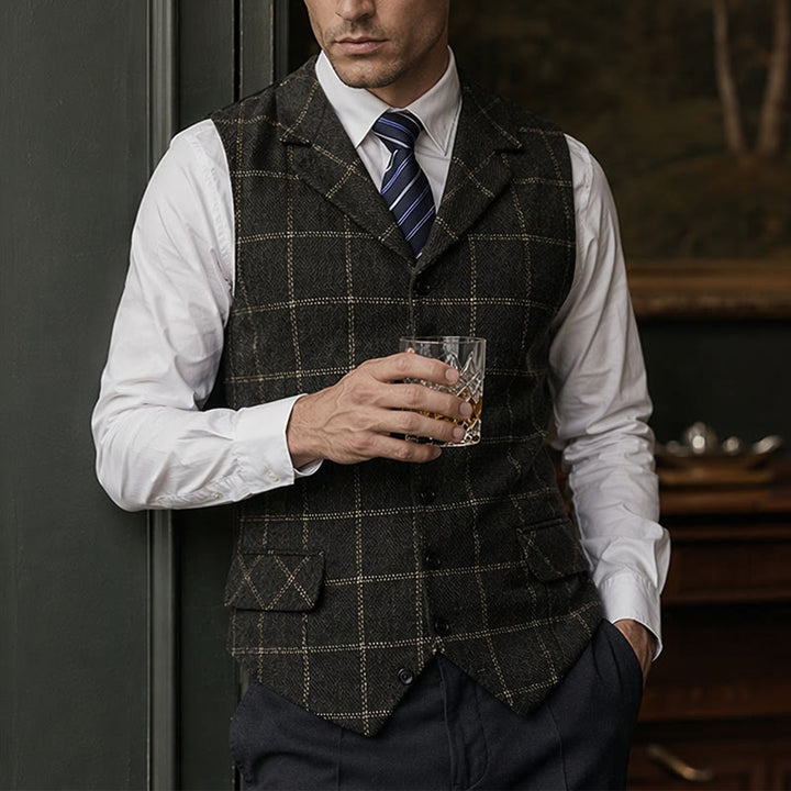 Men's Notch Lapel Plaid Party Daily Suit Vest - Black - 5XL - image 4