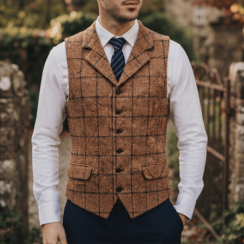 Men's Notch Lapel Plaid Party Daily Suit Vest - Brown - 5XL - image 6