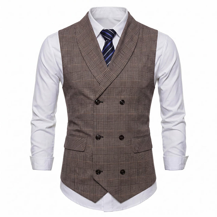 Men's Business Plaid Double Breasted Corduroy Suit Vest - image 9