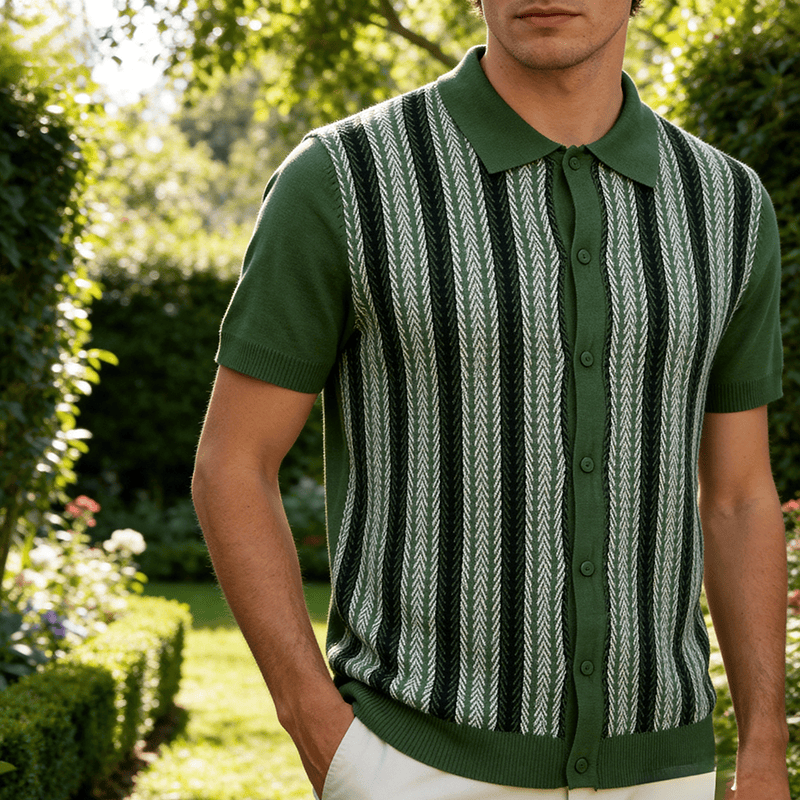 Men's Vintage Summer Block Striped Jacquard Polo Knitted Shirt - Green - 3XL - image 5