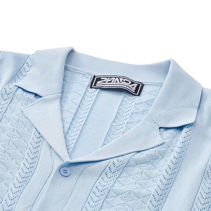 Men's Hollow Chevron Vertical Stripe Cool Summer Casual  Knitted Shirt - image 6