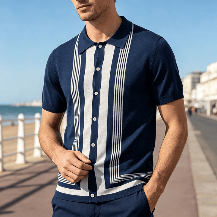 Men's Summer Color Block Spliced Stripe Knitted Shirt - Navy Blue - 3XL - image 5