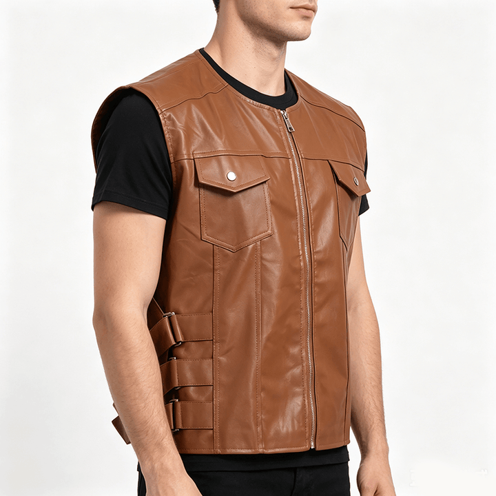 Men's Flap Pockets Casual Motorcycle Outerwear Leather Vest - image 2