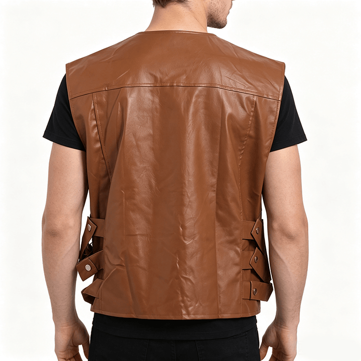 Men's Flap Pockets Casual Motorcycle Outerwear Leather Vest - image 3