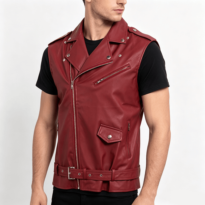 Men's Punk Asymmetric Zipper Lapel Motorcycle Leather Vest - image 2