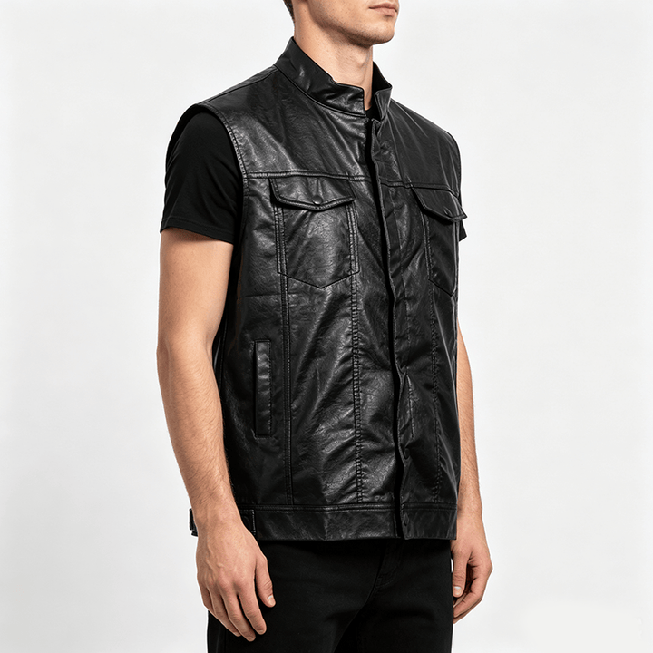 Men's Flap Pocket Hip Hop Vintage Motorcycle Solid Black Leather Vest - image 2