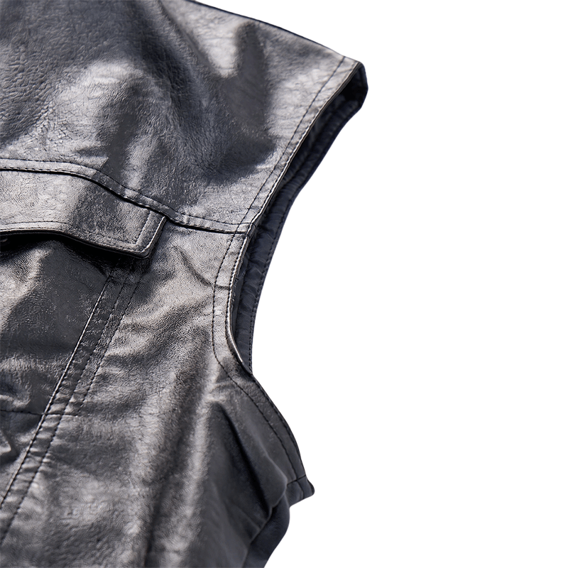 Men's Flap Pocket Hip Hop Vintage Motorcycle Solid Black Leather Vest - image 7
