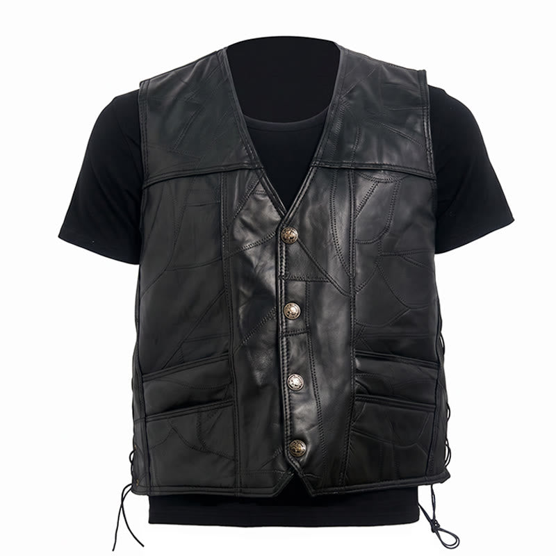 Men's Punk Biker Side Drawstring Motorcycle Leather Vest - image 10