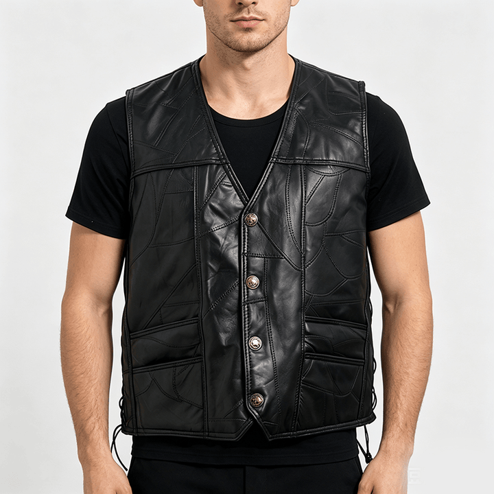 Men's Punk Biker Side Drawstring Motorcycle Leather Vest - image 1
