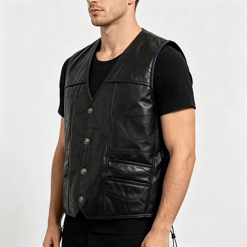Men's Punk Biker Side Drawstring Motorcycle Leather Vest - image 2