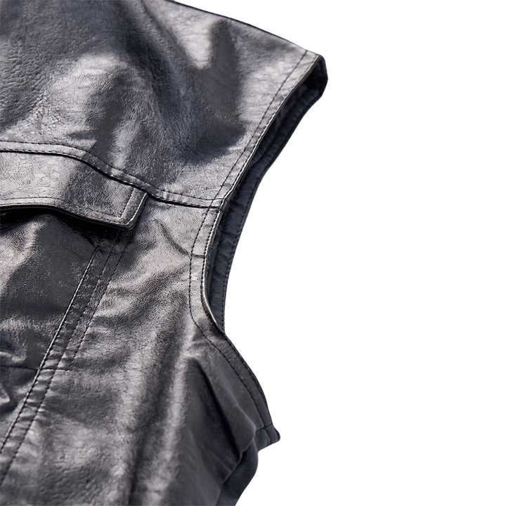 Men's Flap Pocket Hip Hop Vintage Motorcycle Solid Black Leather Vest - image 7