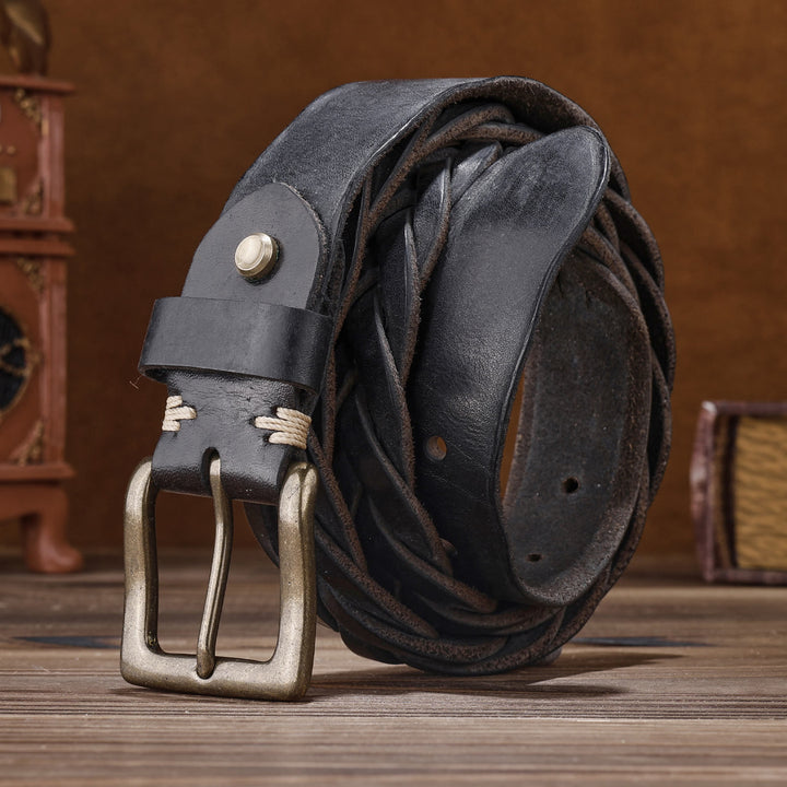 Braided Handwoven Without Hole Leather Belt - Black - 46 - image 9
