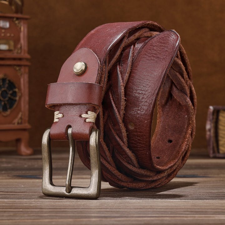 Braided Handwoven Without Hole Leather Belt - Red - 46 - image 11