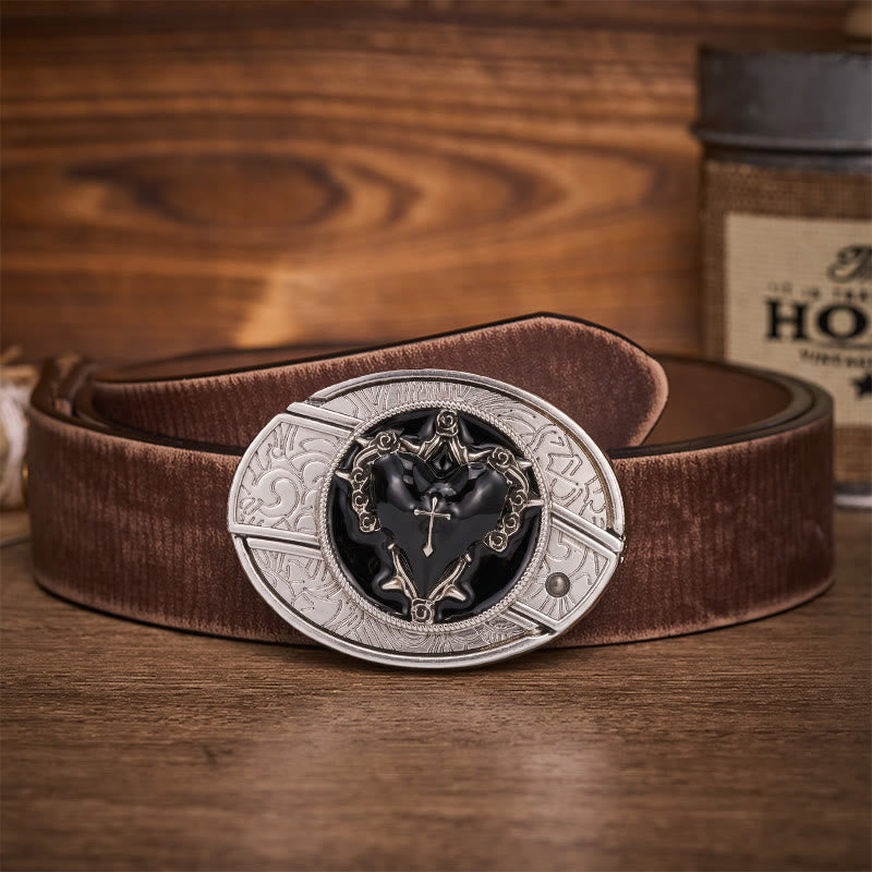 Dark Vow Black Heart Hidden Folding Knife Buckle Leather Belt - Black Heart - Brown Distressed Belt - 42 - image 5