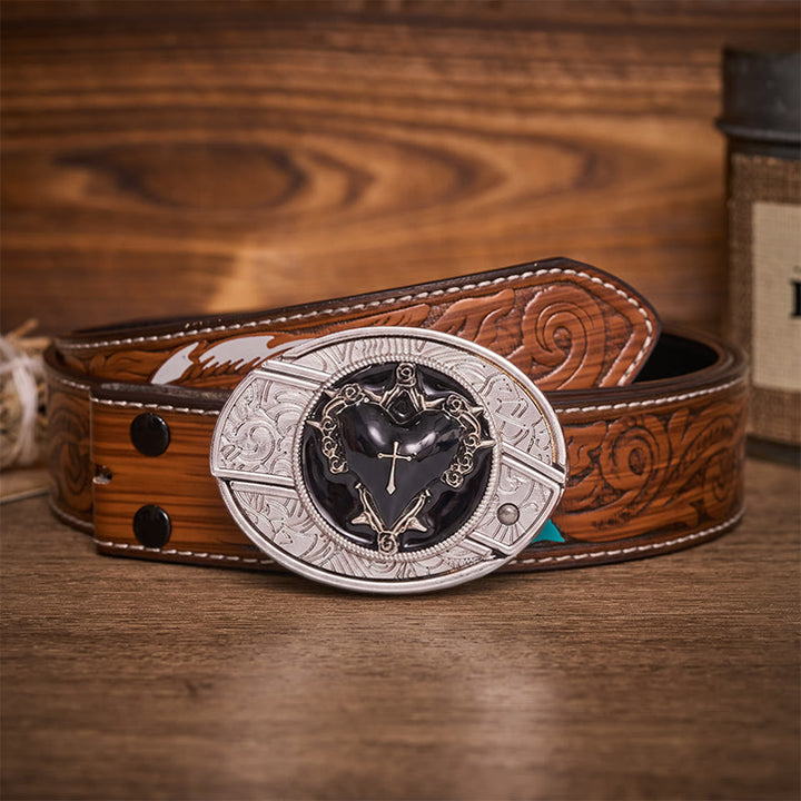 Dark Vow Black Heart Hidden Folding Knife Buckle Leather Belt - Black Heart - Brown Feather Belt - 40 - image 7