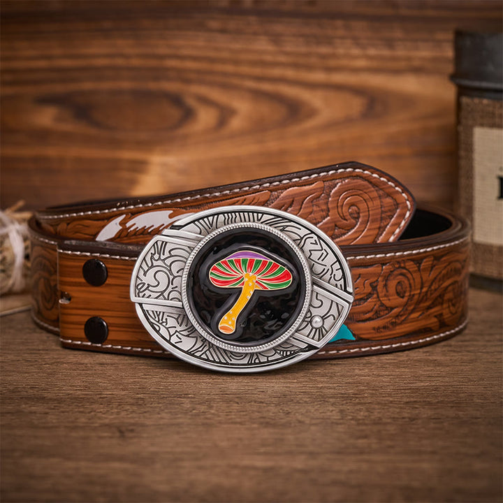 Rainbow Psychedelic Mushroom Hidden Folding Knife Buckle Leather Belt - Rainbow Mushroom - Brown Feather Belt - 40 - image 7