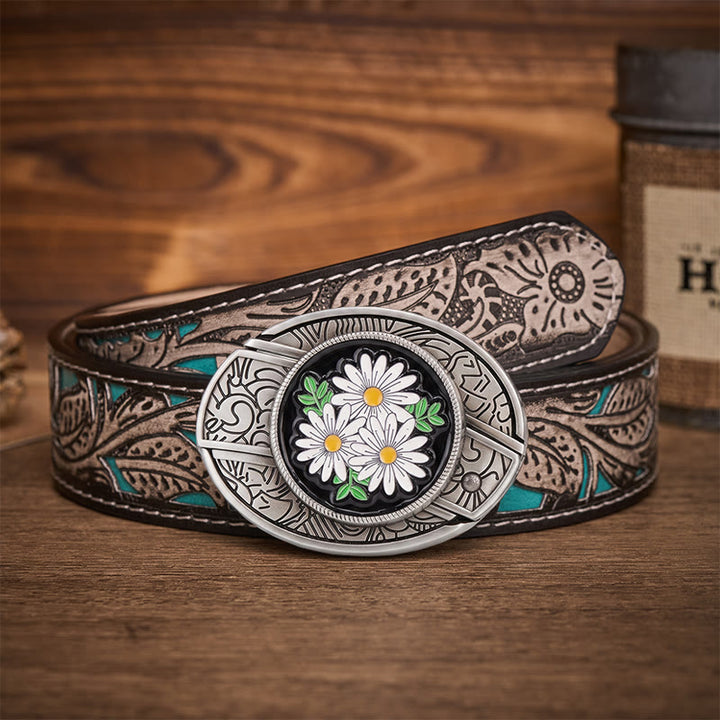 White Daisy Daydream Hidden Folding Knife Buckle Leather Belt - White Daisy - Gray Floral Belt - 42 - image 8