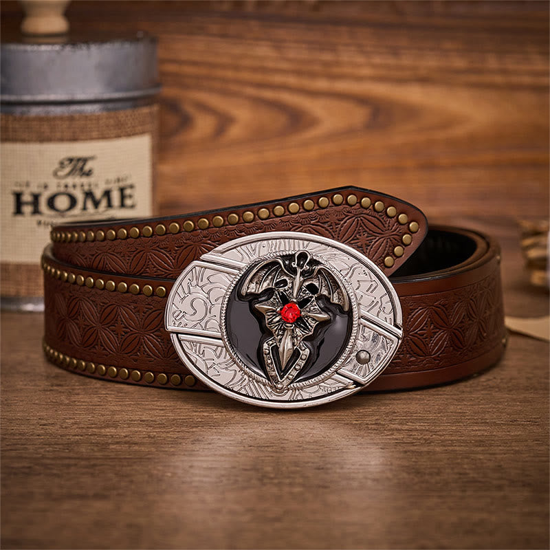 Gothic Dragon Bat Hidden Folding Knife Buckle Leather Belt - Dragon Bat - Brown Rivet Belt - 42 - image 4