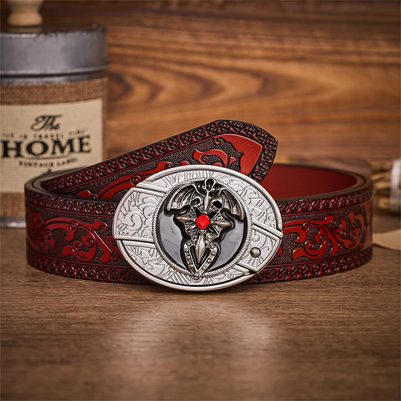 Gothic Dragon Bat Hidden Folding Knife Buckle Leather Belt - Dragon Bat - Brown Carved Belt - 42 - image 6
