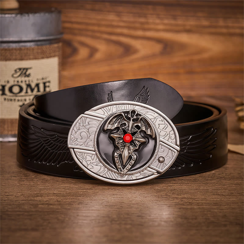 Gothic Dragon Bat Hidden Folding Knife Buckle Leather Belt - Dragon Bat - Black Embossed Eagle Belt - 42 - image 2