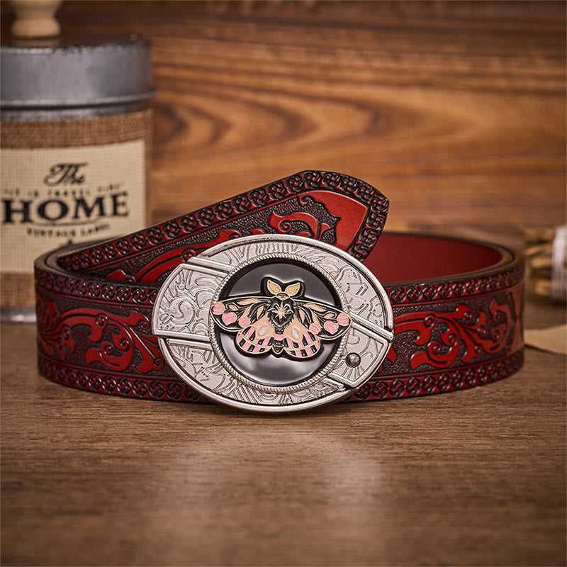 Pink & Gold Mystic Moth Hidden Folding Knife Buckle Leather Belt - Moth - Brown Carved Belt - 42 - image 6