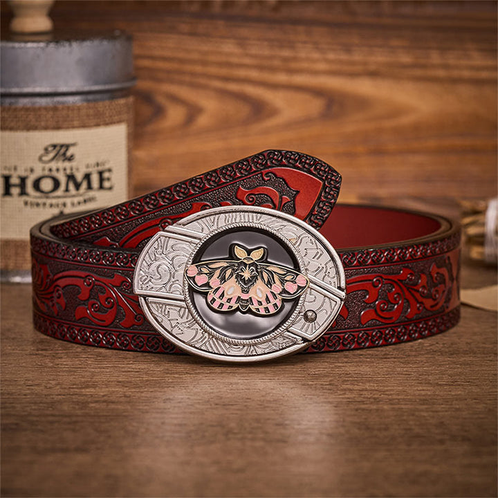 Pink & Gold Mystic Moth Hidden Folding Knife Buckle Leather Belt - Moth - Brown Carved Belt - 42 - image 6