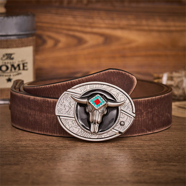 Desert Spirit Aztec Steer Skull Hidden Folding Knife Buckle Leather Belt - Aztec Bull - Brown Distressed Belt - 42 - image 5