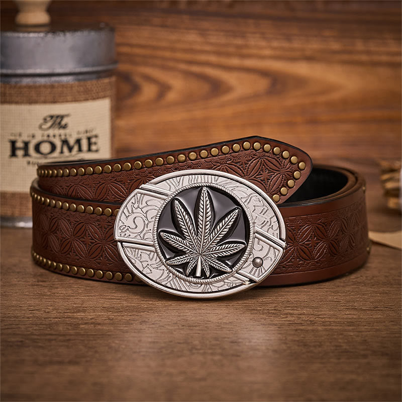 Desert Leaf Western Hidden Folding Knife Buckle Leather Belt - Desert Leaf - Brown Rivet Belt - 42 - image 4