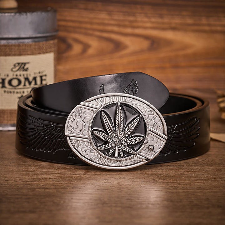 Desert Leaf Western Hidden Folding Knife Buckle Leather Belt - Desert Leaf - Black Embossed Eagle Belt - 42 - image 2
