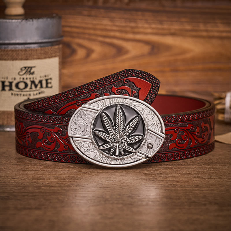 Desert Leaf Western Hidden Folding Knife Buckle Leather Belt - Desert Leaf - Brown Carved Belt - 42 - image 6