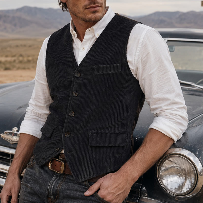 Minimalist V-Neck Retro Ivy League Corduroy Suit Vest - Black - XL - image 6