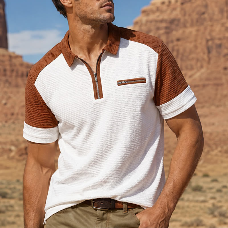 Men's Retro Color Block Zip Neck Summer Polo Shirt - White - 3XL - image 4