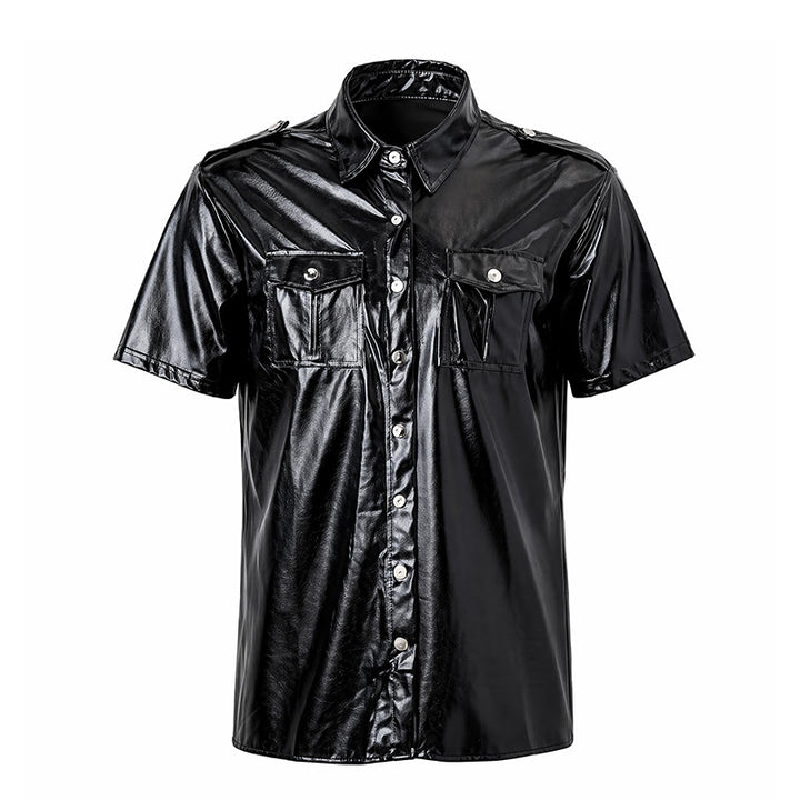Biker Black Glossy Western Coated Faux Leather Shirt - image 9