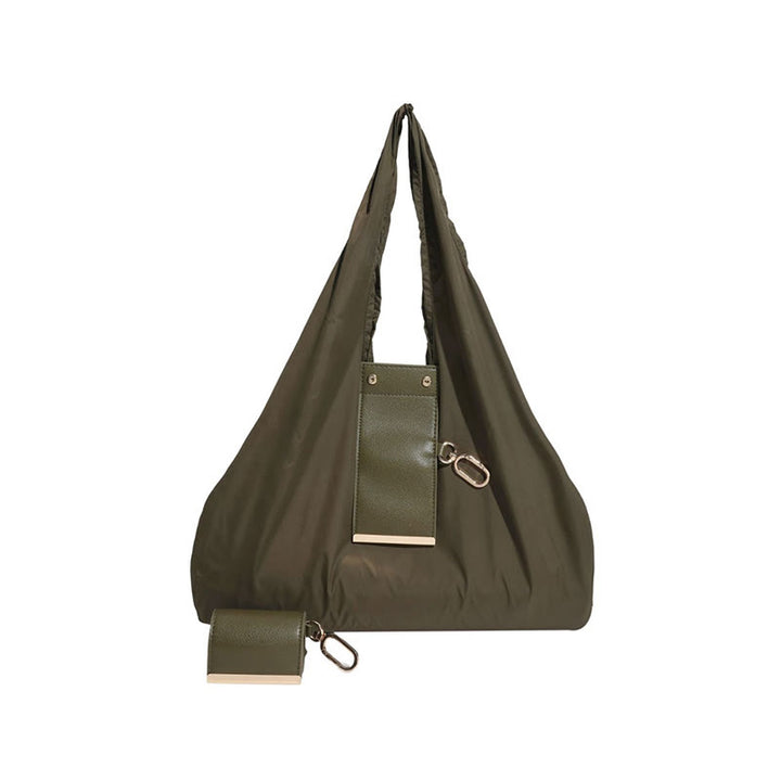 Foldable Nylon Shoulder Tote Bag Keychain With Leather Accent - Army Green - Small - image 14