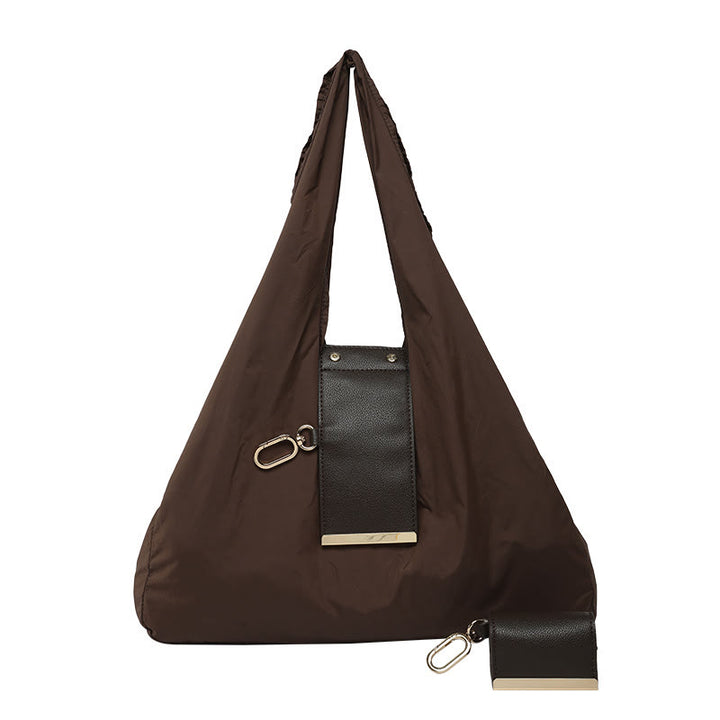Foldable Nylon Shoulder Tote Bag Keychain With Leather Accent - Coffee - Large - image 23