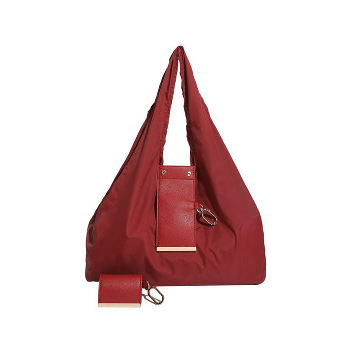 Foldable Nylon Shoulder Tote Bag Keychain With Leather Accent - Burgundy - Small - image 16